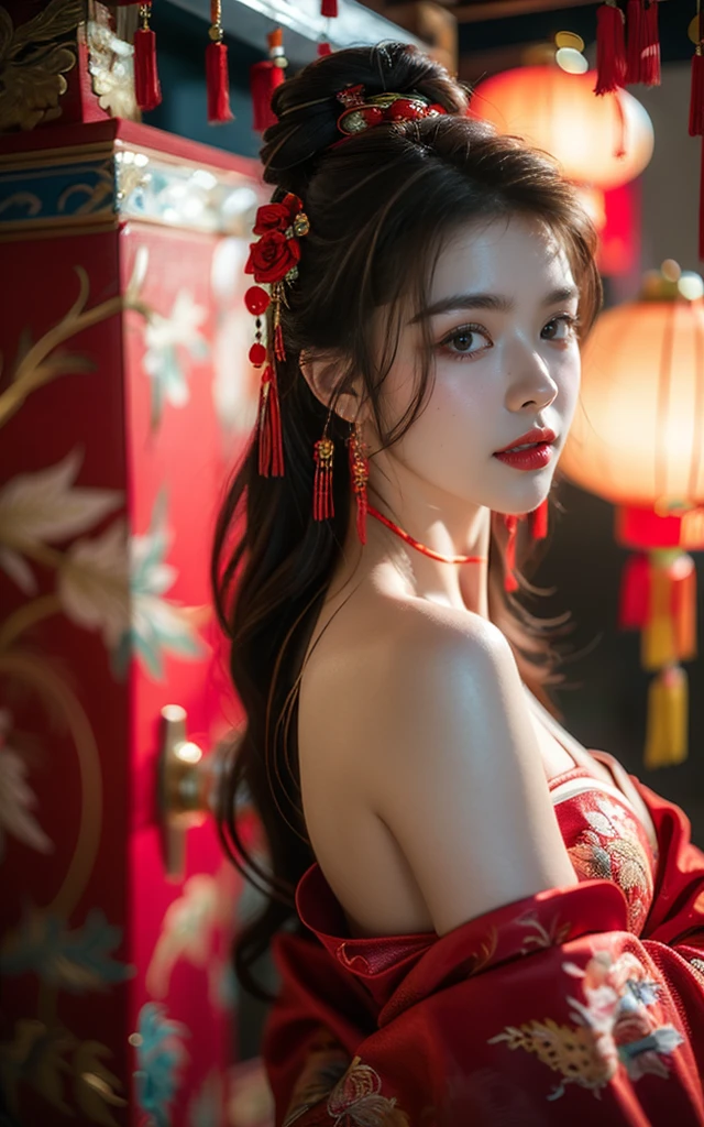 Spring Festival, Chinese clothes, Red cloth embroidery, Bare shoulders, Red Lantern, Hair accessories, (((Red Theme, bright theme))), (masterpiece),((Extremely detailed)), (Highly detailed CG illustrations),(Poker face), (best quality:1.2),(1 Girl:1.2),High quality textures, Intricate details, Detailed texture, High quality shadows, Brown pupils, Depth of Field, view,20 seconds, (big eyes:1.2),blush, Glossy lips, Perfect body, Weight loss, (Willow Waist:1.3), Large Breasts, clearly_image, (Glowing skin), Focus only, (Brown hair), (Striped hair), ((Long hair)), 