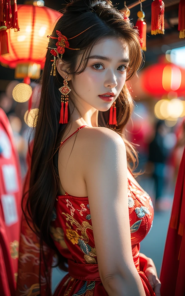 Spring Festival, Chinese clothes, Red cloth embroidery, Bare shoulders, Red Lantern, Hair accessories, (((Red Theme, bright theme))), (masterpiece),((Extremely detailed)), (Highly detailed CG illustrations),(Poker face), (best quality:1.2),(1 Girl:1.2),High quality textures, Intricate details, Detailed texture, High quality shadows, Brown pupils, Depth of Field, view,20 seconds, (big eyes:1.2),blush, Glossy lips, Perfect body, Weight loss, (Willow Waist:1.3), Large Breasts, clearly_image, (Glowing skin), Focus only, (Brown hair), (Striped hair), ((Long hair)), 