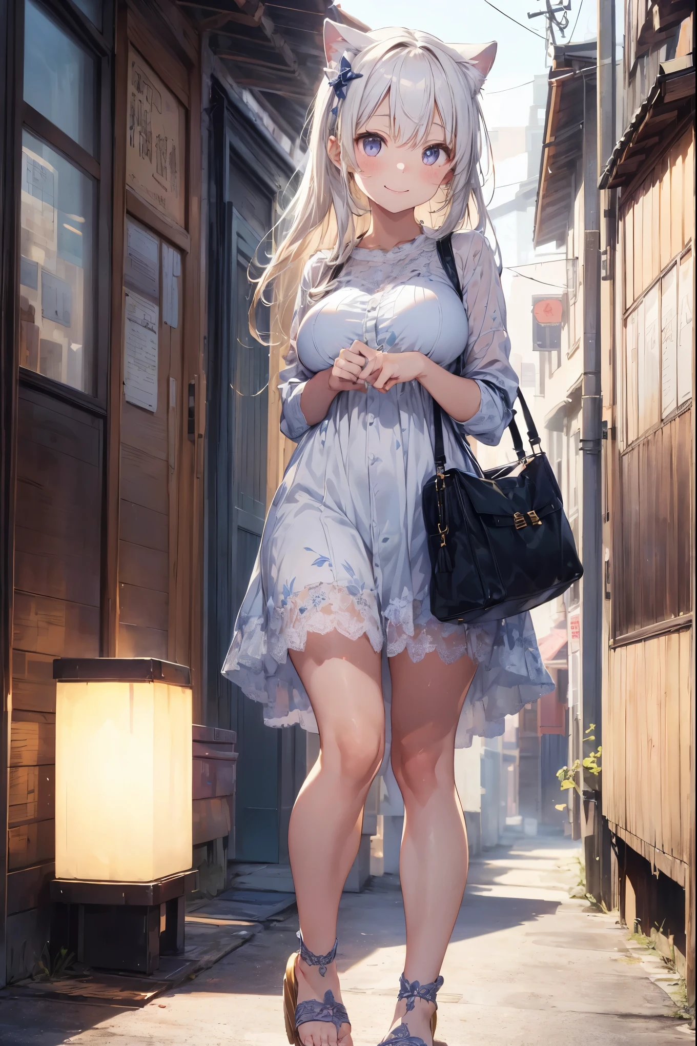 (((masterpiece))), (((Highest quality))), ((Very detailed)), ((Very detailedなイラスト)), ((Ultra-fine painting)), (16K Highest quality wallpaper:1.4), (Detailed and elaborate illustration style,:1.8) Detailed skin texture, High quality fabric, , (T-masterpiece), (Very detailedな顔:1.4), original, RAW Photos, Professional, Intricate details, Very detailed, Direct sunlight:1.6, ,(Cowboy Shot:1.9)、(Perfect Anatomy:1.4), (Extremely elaborate hands:1.2), (Very elaborate fingers:1.2), (Very elaborate fingers先:1.2),, (alone:1.6), (beautiful and adorable cat ears:1.6), (Intricate and delicate white cat ears:1.5), (beautiful, Shiny white hair:1.6), (Very fine and delicate white hair:1.4),, (Very detailedな顔:1.4),(Light purple eyes:1.6),(smile:1.4),(wariza:1.9),Detailed Background、Highest quality、Beach、3 beauties in their 20s、Cute hairstyle、Big Breasts、smile、Feminine and cool one-piece style、Opt for flared skirts and maxi dresses、Choose cool materials、Add some color to your feet with sandals or espadrilles、Add a resort feel with a straw hat and tote bag.、Bright colors and patterns、By incorporating ruffles and lace details、Creates feminine charm