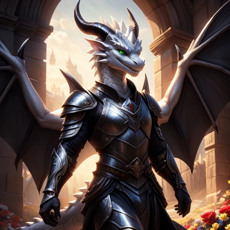 Masterpiece, best quality, high quality, femboy sorcerer dragon, solo, white scales, confident open smile, black curved horn on his head, wears an iron armor, has dragon wings, Green eyes, holding a flower, (Realistic), (Sharp), (best quality), ultra-detailed, extremely intricate, cinematic light, bloom, standing, in the castle, sunny day