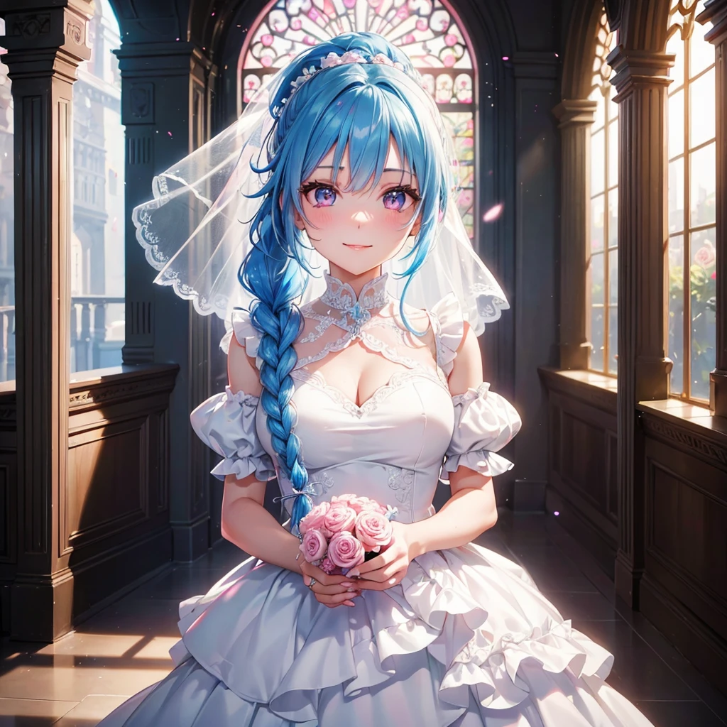 Sky blue hair, (Braided Ponytail),(Pink Eyes),Fair skin ,(whole body),(One Girl),bride,Big smile,Straight bangs, 6月のbride,Wedding dress,(masterpiece, Highest quality, Very detailed, Best Shadow), (Detailed Background), (Beautifully detailed face), High Contrast, (Best lighting, Very delicate and beautiful), ((Cinematic Light)), colorful, Hyper Detail 8k, Dramatic Light, Intricate details,Background of a pure white sparkling chapel,A bouquet of roses in the right hand,Ring on left ring finger,