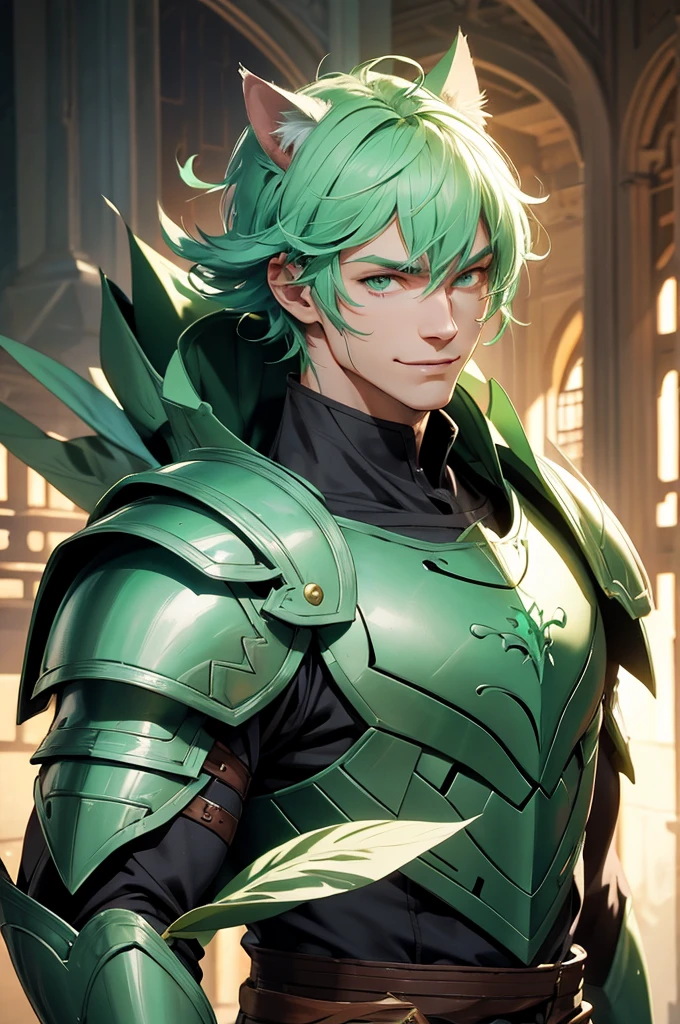 Tall man, cat ears, armor, Manor background, Buff, wide smile, light mint hair, green eyes, armor, Green hair man, buzzed cut hair