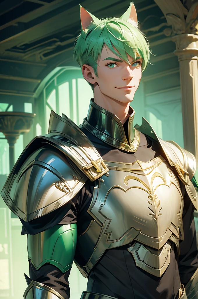 Tall man, cat ears, armor, Manor background, Buff, wide smile, light mint hair, green eyes, armor, Green hair man, buzzed cut hair