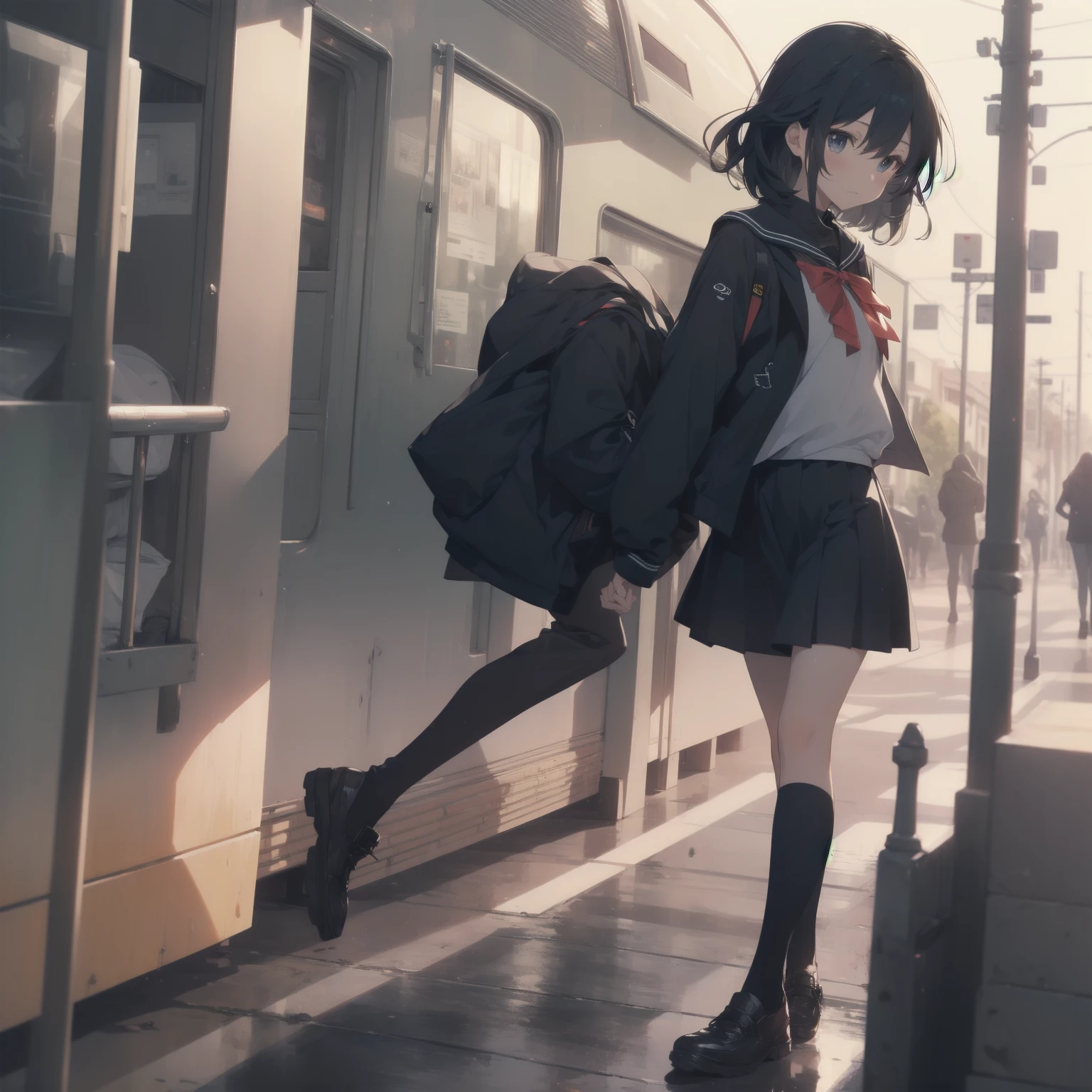 ultra-absurdres-Top quality by artist God, ultra-detailed, high resolution, anime moe artstyle, best anime 8k konachan wallpaper, pixiv contest winner, pool:2810, perfect anatomy,break, 1girl, (Please draw a girl walking sleepily to school alone. )break,(Solo,little female, -yeld:1.Full limbs, complete fingers,a junior hihort hair), short cut, flat chest, , small butt, small black eyes, beautiful detailed eyes, well-proportioned iris and pupils, expressive eyes, highres detailed hair, soft expression, salor school_uniform, sailor collar, serahuku, bow, pleated skirt,(Detailed Lighting), (Detailed background), in the School commute route. break,super detailed skin, Best cinematic lighting powered by famous artist, 8k,beauty illustration,photoshop_(medium),very aesthetic,break,((artist:haruhisky )), artist:clamp ,artist:carnelian ,artist:kantoku ,