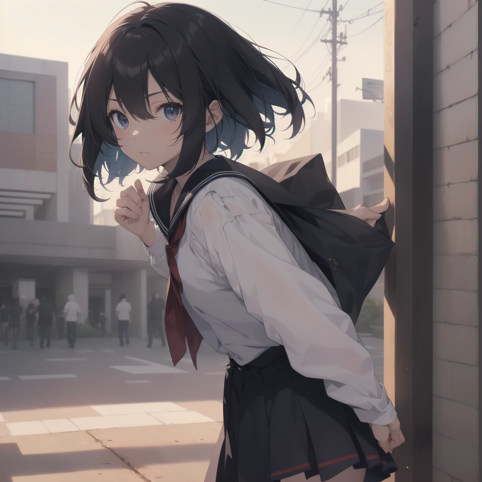 ultra-absurdres-Top quality by artist God, ultra-detailed, high resolution, anime moe artstyle, best anime 8k konachan wallpaper, pixiv contest winner, pool:2810, perfect anatomy,break, 1girl, (Please draw a girl walking sleepily to school alone. )break,(Solo,little female, 13-year-old:1.3),Full limbs, complete fingers,a junior high school student, (very short hair), short cut, flat chest, , small butt, small black eyes, beautiful detailed eyes, well-proportioned iris and pupils, expressive eyes, highres detailed hair, soft expression, salor school_uniform, sailor collar, serahuku, bow, pleated skirt,(Detailed Lighting), (Detailed background), in the School commute route. break,super detailed skin, Best cinematic lighting powered by famous artist, 8k,beauty illustration,photoshop_(medium),very aesthetic,break,((artist:haruhisky )), artist:clamp ,artist:carnelian ,artist:kantoku ,
