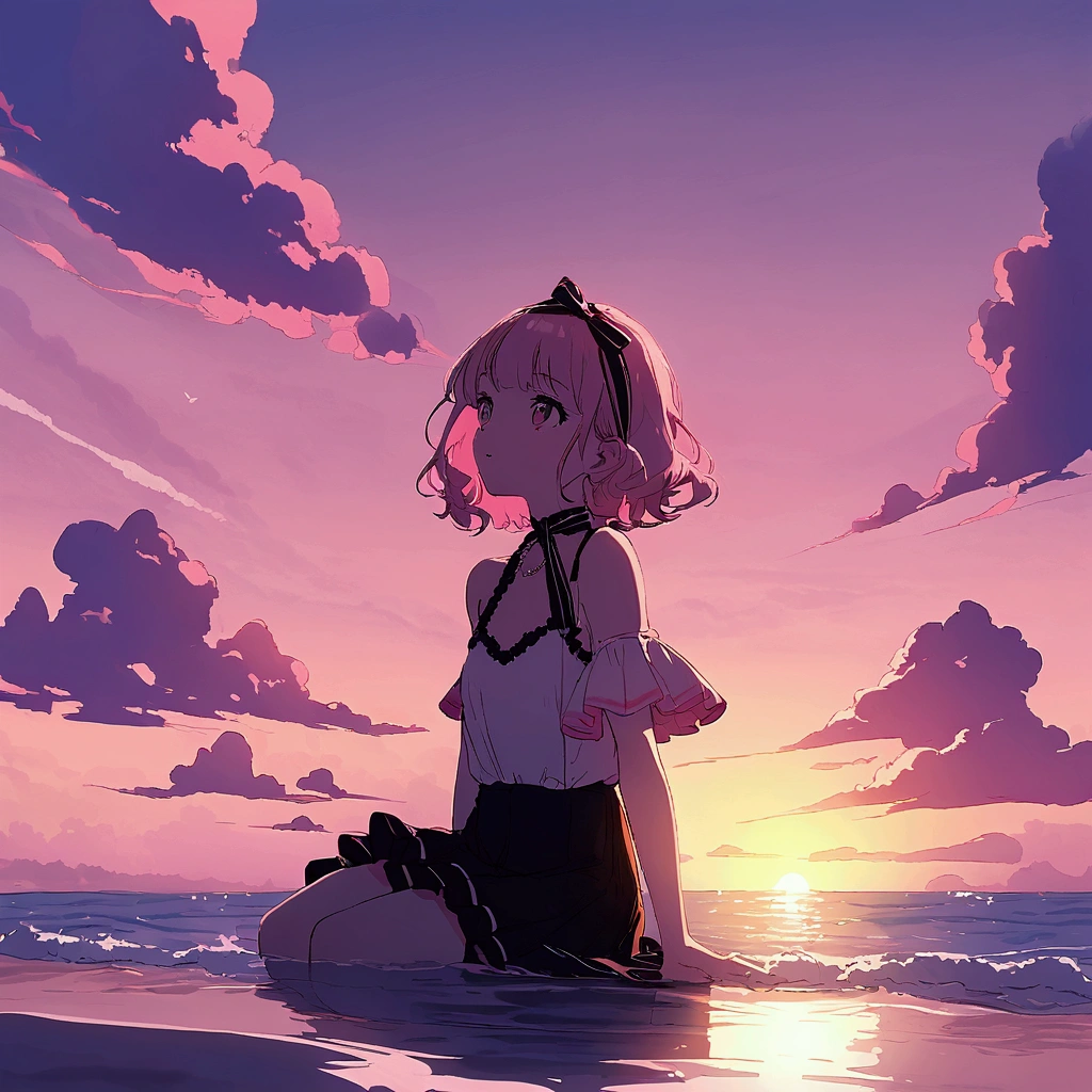 Seaside Summer Sitting Girl Nostalgic Pink Sky Pop