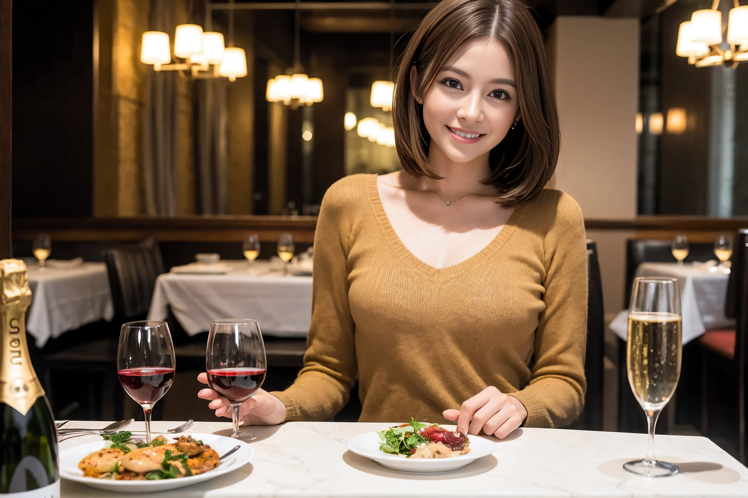 ((Highest quality、8k、masterpiece:1.3))、cute、Slim couple、Model Couple、Actress、(Realistic, Intricate details:1.2), full-course dinner、Wine Party、Amazing view of the sunset sky and clouds、A bright smile、short hair,Bright Face、 (45 years old), 48 years old, red wine 、Appetizers、Italian food、Wine bottle、Champagne、sparkling wine、Two beauties、Brown Hair、Shortcuts、Long sleeve shirt、dress、Beautiful woman 1, (Slim face), (The body is slim), (Brown Hair), (Shortcuts), cheeks turn a little red,Attractive beauty、restaurant, In a prominent place (From the waist up) Nova Frog Style, actress, model, Upper Body, White wine, slim, wine glass, A wine glass placed in the center, smile, (smile: 1.15), Beautiful fine grain, Depth f/2,saturation, High Contrast, Strong light and shadow,Moist Body:1.5、3D texture、Delicate eyes、Brown Hair、The hair is very shiny、