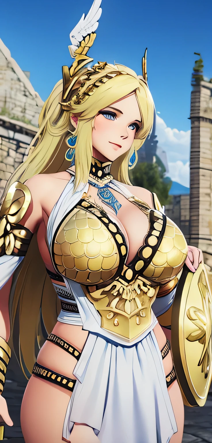 beautiful detailed female athena warrior, beautiful face, shiny white skin, wearing golden greek warrior suit, curvy body, holding shield, ultra large saggy breasts, massive cleavage exposed, castle background