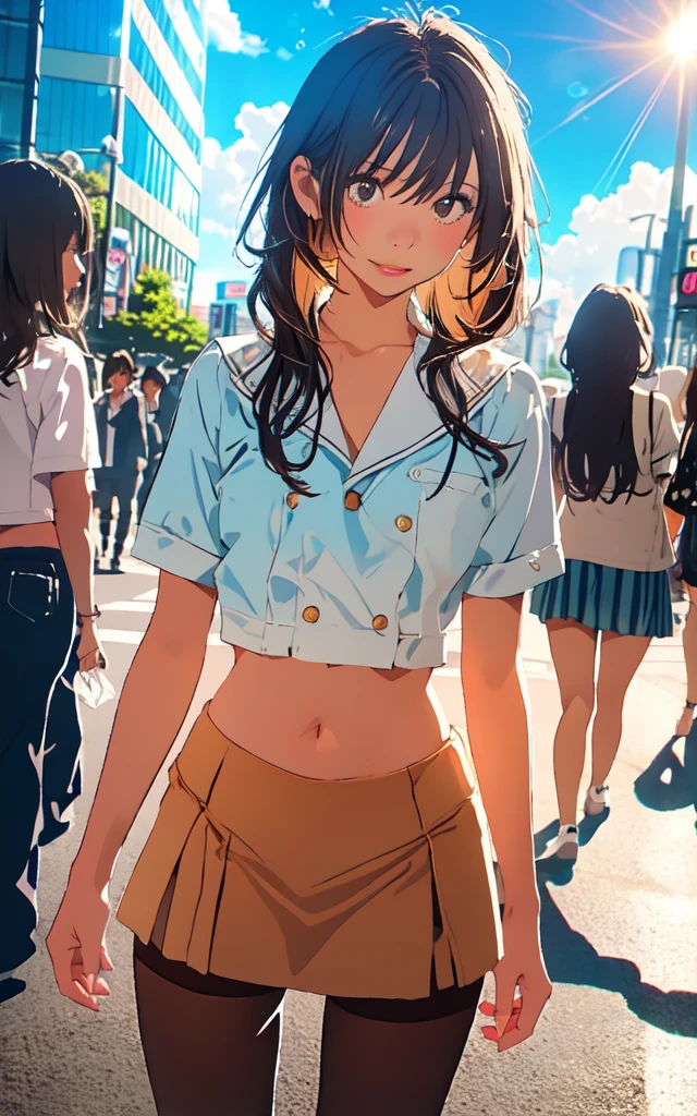 Front facing, facing this way、
Gal's more beautiful smile、
More cute casual summer outfits、Cute mini skirt、
More beautiful thighore beautiful colorful pantyhose、
Beautiful dark clouds, (Cowboy Shot:1.4), Beautiful and realistic,
Beautiful masterpiece, Beautiful and top quality, Beautiful backlight, (Lens flare:1.1), (bloom:1.1), (chromatic aberration:1.1)
Shibuya Center Street Meeting