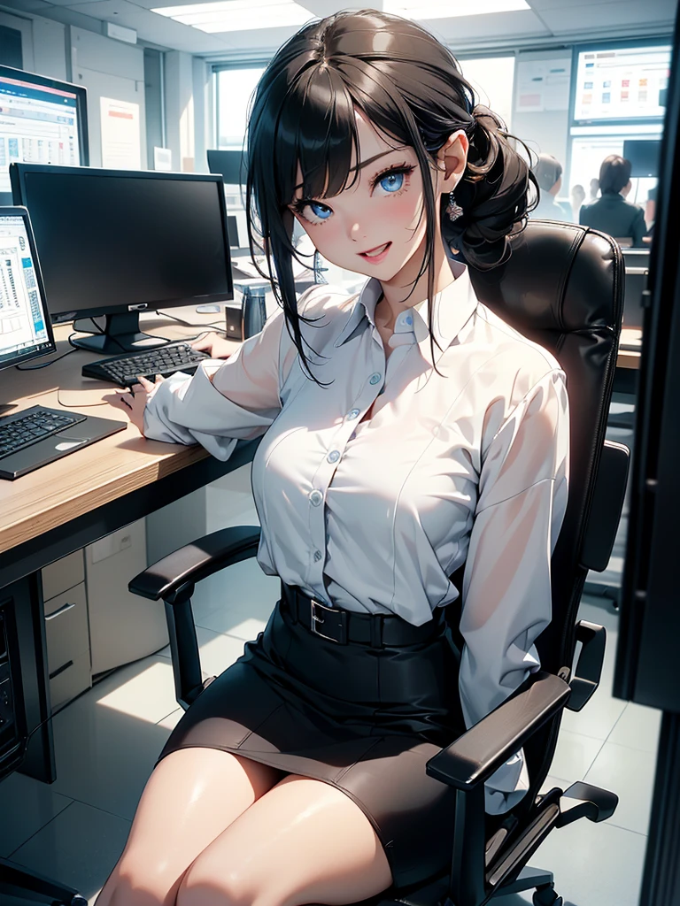​masterpiece、High resolution 8K、NSFW、Colorful light lighting、foco nítido、Detailed skin、masutepiece、 top-quality、The ultra -The high-definition、超A high resolution、extremely details CG、subject,FULL BODYSHOT、Office room、Large number of large monitors、Computer on desk、trading、documents、stock、Chart screen、Female OL、Woman Elf sitting on chair、Beautiful blue eyes、(detailed faces and eyes、(faces:1 2)、Clean pupils、Almond Eye)、(whitehair、Medium long ponytail、hi-top fade:1.3、asymmetrical bangs)、(ID Card Strap)、(Office Clothes、Black Blazer、White cutter shirt、Black Pencil Skirt、pumps)、(gross、Glossy lips、Small breast size) 、(oval-face : 1.4)、(Fine fingers、detailed arms、detailed human hands)、Laughing、Open mouth、teeth showing
