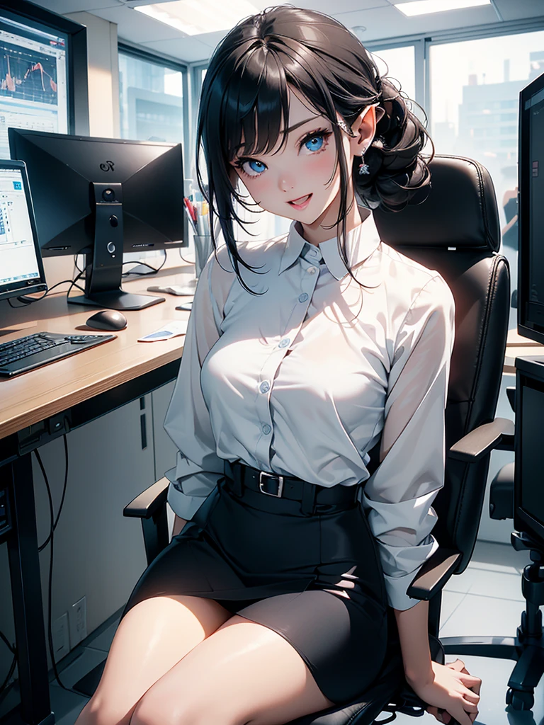 ​masterpiece、High resolution 8K、NSFW、Colorful light lighting、foco nítido、Detailed skin、masutepiece、 top-quality、The ultra -The high-definition、超A high resolution、extremely details CG、subject,FULL BODYSHOT、Office room、Large number of large monitors、Computer on desk、trading、documents、stock、Chart screen、Female OL、Woman Elf sitting on chair、Beautiful blue eyes、(detailed faces and eyes、(faces:1 2)、Clean pupils、Almond Eye)、(whitehair、Medium long ponytail、hi-top fade:1.3、asymmetrical bangs)、(ID Card Strap)、(Office Clothes、Black Blazer、White cutter shirt、Black Pencil Skirt、pumps)、(gross、Glossy lips、Small breast size) 、(oval-face : 1.4)、(Fine fingers、detailed arms、detailed human hands)、Laughing、Open mouth、teeth showing