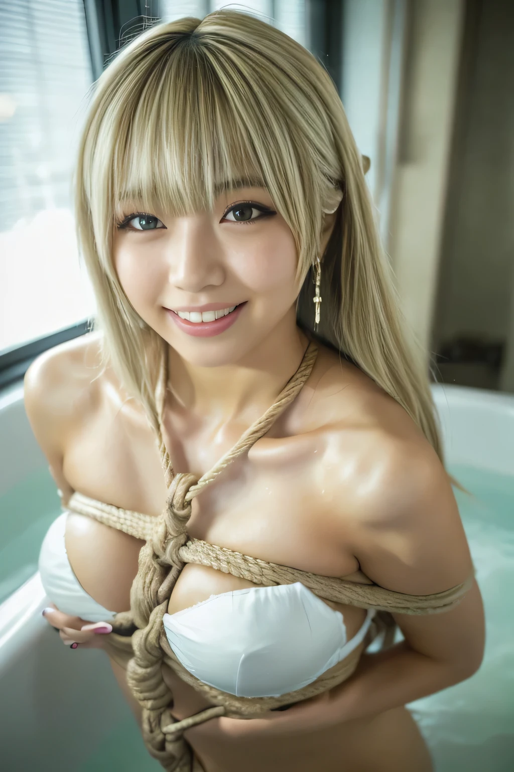 1 female, Flashy Japanese Gal, 20-year-old,((Completely naked)),((No clothes)),Double Eyes,mile, Detailed face, A sloppy smile, Large ring earrings，Ring Bracelet, big flashy necklace, Rich silver eyeshadow, Gorgeous glitter makeup，Long False Eyelashes, Thick eyeliner, ((blonde, Shortcuts, bangs hanging over the eyes:1.5))，Flashy Nails, fine grain, plump body,Large Breasts, Big Hips,Wrapped in a wet bath towel，Perfect balance, Bathroom，vapor，Random sexy poses,BREAK ceremony,((masturbate violently:1.5)), ((Random sexy poses、put in、Deep joy)), ((Ecstatic face、Climax expression, Through clenched teeth、My whole body is convulsing, Official Art，Highly detailed CG Unity 8k wallpaper, (masterpiece:1.0),(Highest quality:1.0), photo shoot, 8k, Browsing Caution, High resolution, Kodak Portrait 400, Film Grain, Lens flare brilliance,Very low camera angle, View your viewers, look back, shibari, rope