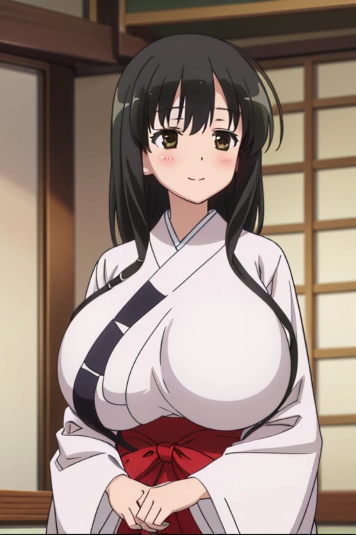 anime screencap, masterpiece, best quality, high resolution, 2D, anime cels, best quality, high resolution, 1girl, kasumi iwato, japanese clothes, japan architecture, (huge breasts:1.4), blush, embarrassed, smile, looking away