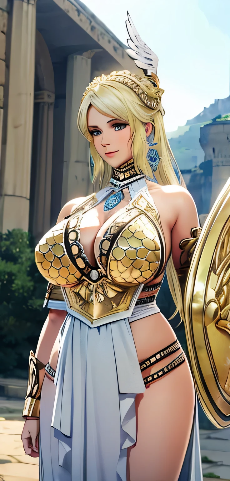 beautiful detailed female athena warrior, beautiful face, shiny white skin, wearing silver greek warrior suit, curvy body, holding shield, ultra large saggy breasts, massive cleavage exposed, castle background