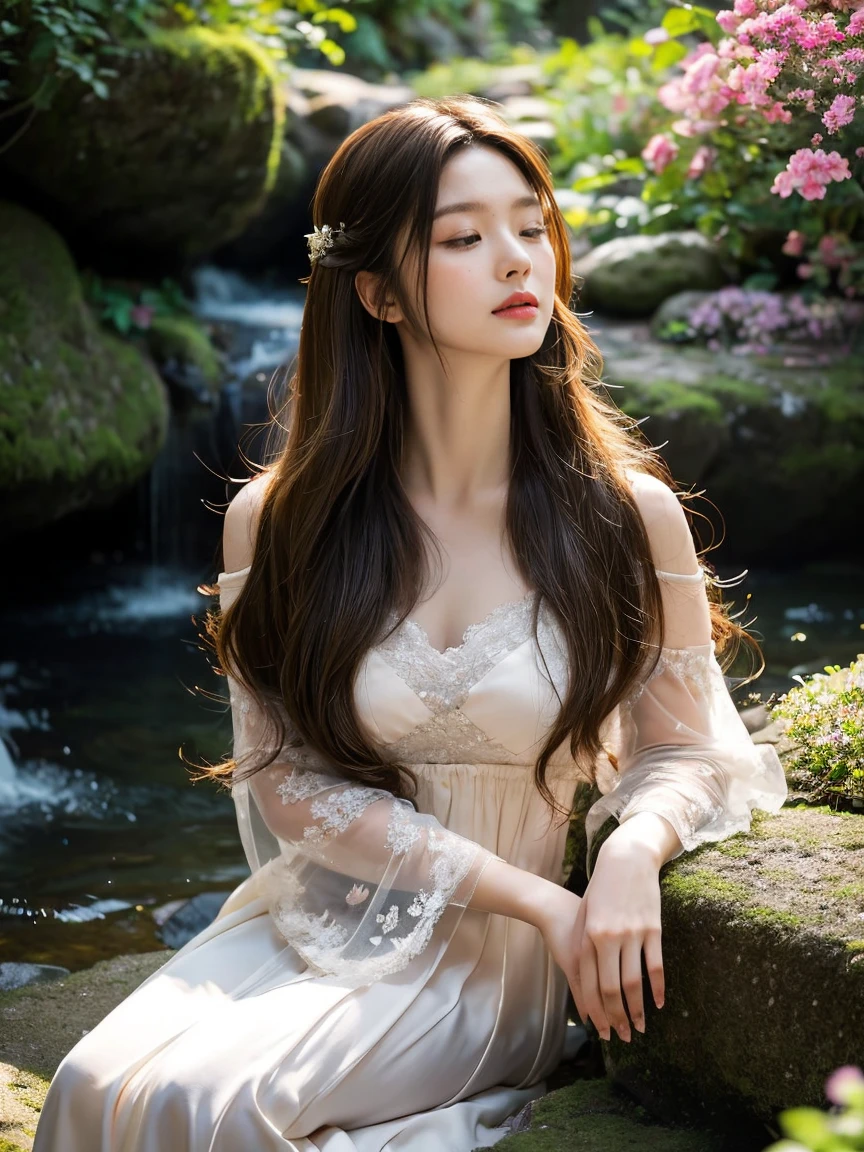 Close-up of a beautiful young woman playing a grand piano, elegant posture, deep concentration, serene joy. She has long, wavy brown hair cascading over her shoulders, catching the golden hour light. Her eyes are closed as she immerses herself in the music. She wears a flowing white dress made of delicate, sheer fabric that softly drapes around her. The dress has intricate lace details on the sleeves and neckline. Soft natural light highlights her features, casting gentle shadows on her face. In the background, a stunning waterfall cascades down a rocky cliff, surrounded by lush greenery and vibrant flowers. The scene is captured in high-resolution with vintage film camera quality, rich textures, and warm tones, emphasizing the harmony between the girl and the natural beauty around her.