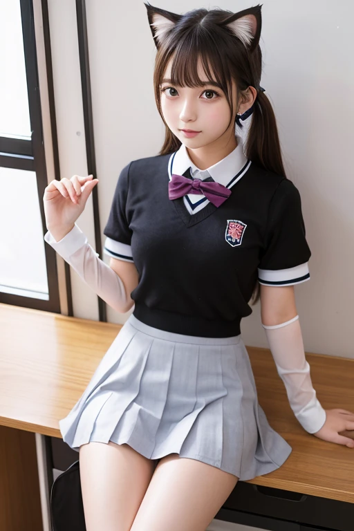 ,no makeup,high resolution,professional photo,High resolution,small pink nipples,12 years old,perfect figure,slim,delicate,Sunset,sexy pose,low twintails,school summer uniform,pantyhose,cameltoe,,open clothes, big breast