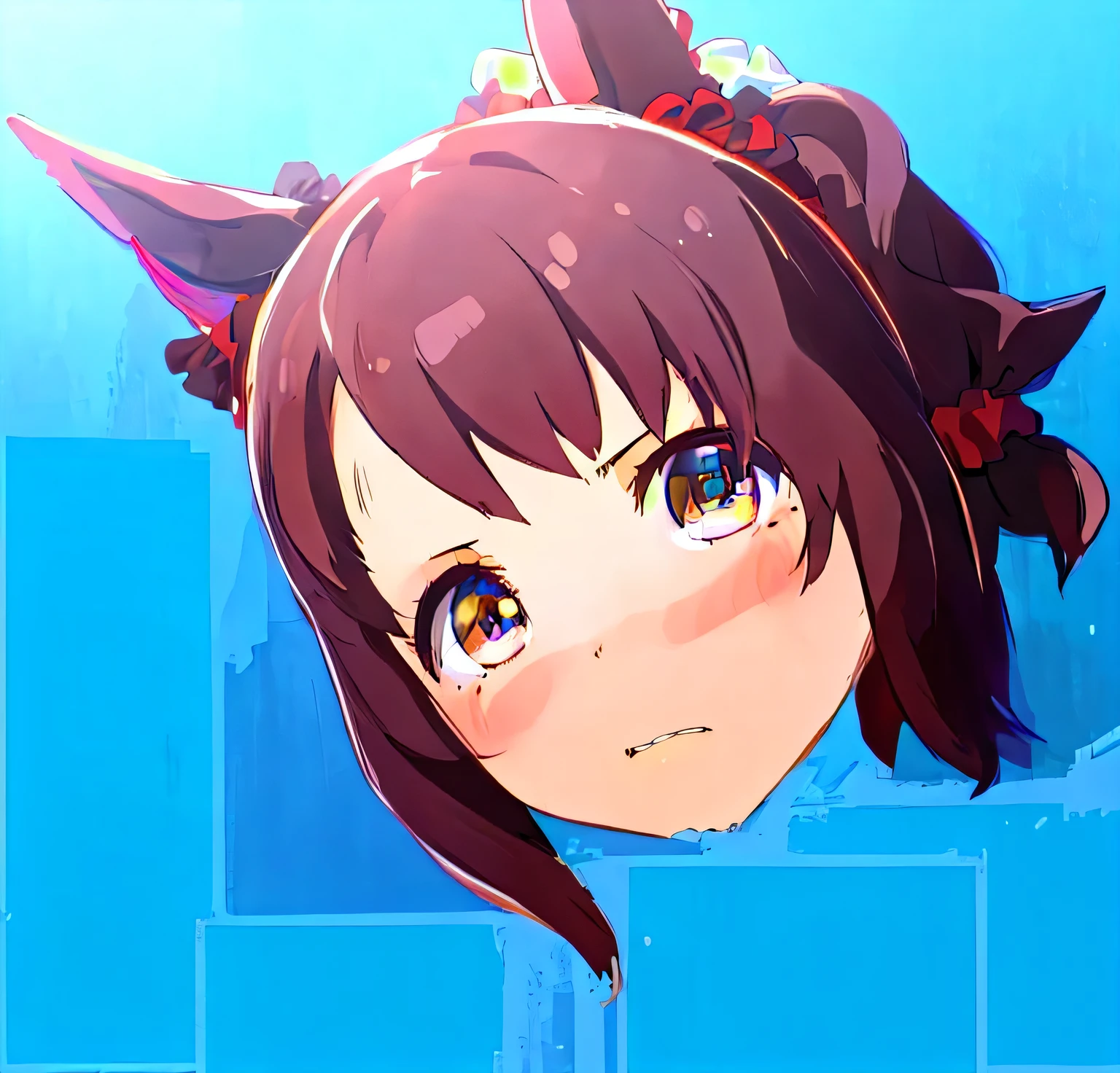 super fine illustration, (masterpiece:1.2), (best quality:1.2), extremely detailed, (detailed face:1.3), (closeup-face:1.2), (Describing only the face:1.2), regrettable, clenched teeth, yukkuri, gununu, (from front), brown hair, two side up, medium hair, brown eyes, horse ears, (Red and black scrunchie at the base of the right horse's ear:1.2), (detailed eyes:1.2),