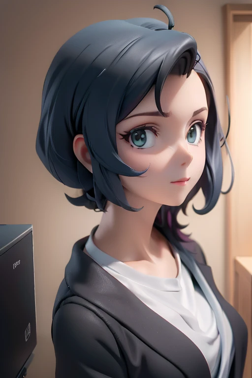 Cool woman,Sharp,Hair style slicked back,The forehead is visible,