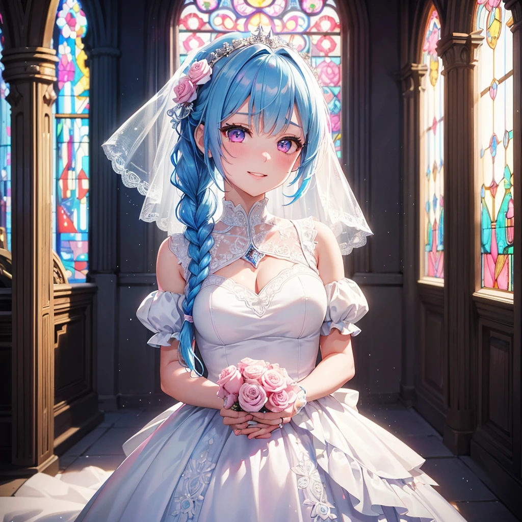 Sky blue hair, (Braided Ponytail),(Pink Eyes),Fair skin ,(whole body),(One Girl),bride,Big smile,Straight bangs, 6月のbride,Wedding dress,(masterpiece, Highest quality, Very detailed, Best Shadow), (Detailed Background), (Beautifully detailed face), High Contrast, (Best lighting, Very delicate and beautiful), ((Cinematic Light)), colorful, Hyper Detail 8k, Dramatic Light, Intricate details,Pure white sparkling background,A bouquet of roses in the right hand,Ring on left ring finger,church、cathedral、Stained glass、Sacred Light、