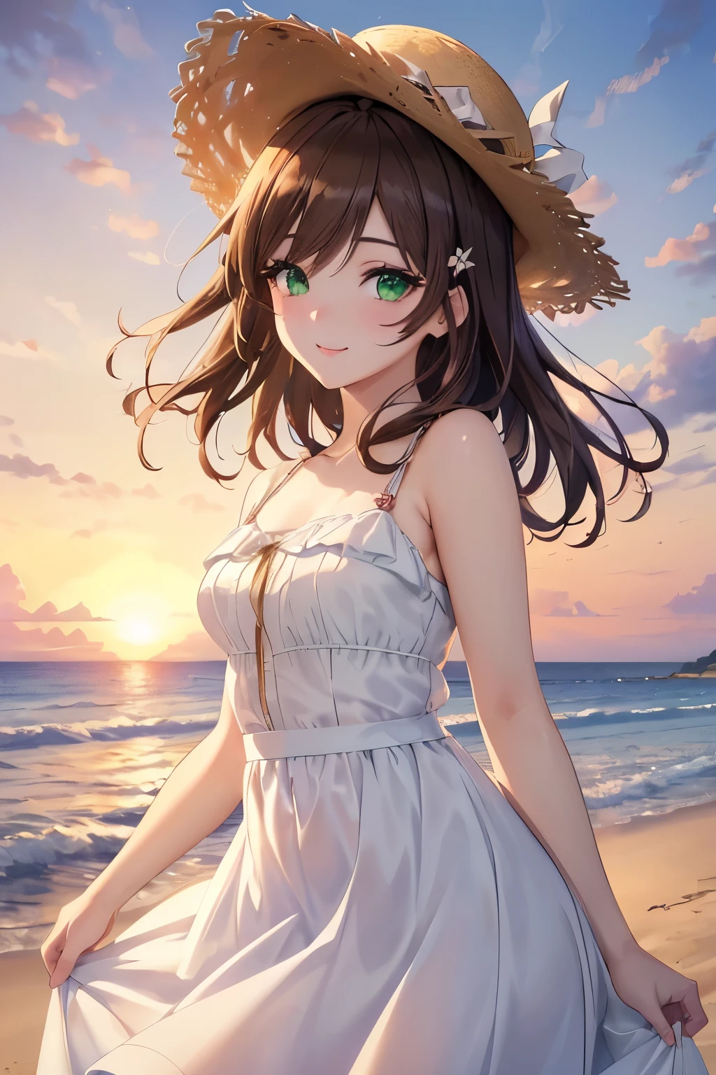 ((masterpiece, Highest quality, High resolution, 超High resolution, Pixel perfect, Written boundary depth, 4K, RTTX 10.0, High resolution))), 1 girl, single, alone, Beautiful Anime Girls, Beautiful art style, Anime characters, ((Shortcuts, bangs, Dark brown hair, Simple hairpin)), ((Green Eyes:1.4, Round eyes, Beautiful eyelashes, current eyes)), ((Smooth texture:0.75, Anime CG style)), Medium chest, ((Dynamic Angle, close)), Perfect body, (pretty girl), 1 girl, White Dress, Straw hat, Cute Smile, Sandy Beach, evening, sunset