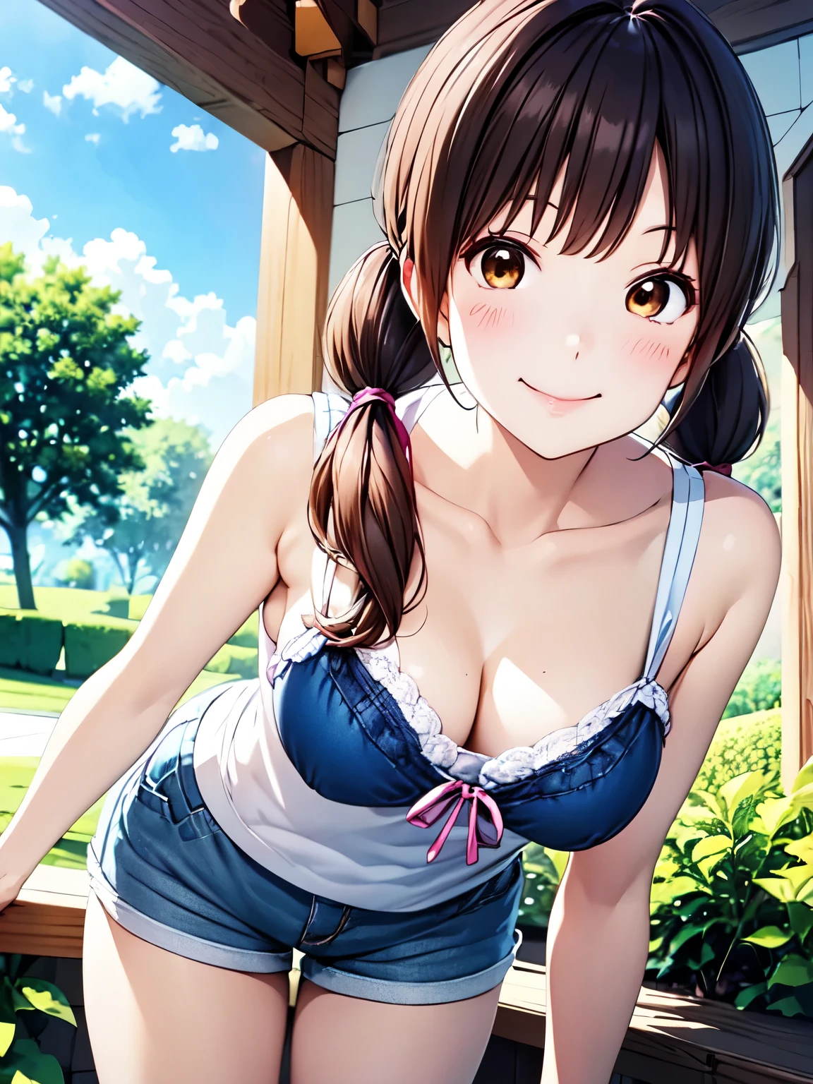 masterpiece, Highest quality, wallpaper, Rinko Yamato、（Anime illustration style:1.5),Standing、One girl, Alone Very detailed, (Anime illustration style:1.2)、Twin tails、High resolution,garden、smile、全体的にLong Hair、1 girl, smile, camisole、Shorts、blush、Long Hair, Black Hair、Bright eyes looking at the viewer, whole body、Closed Mouth、Open chest、sexy、High resolution、超High resolution, Perfect lighting, Extremely detailed CG、Physically Based Rendering,Shorts、Leaning forward