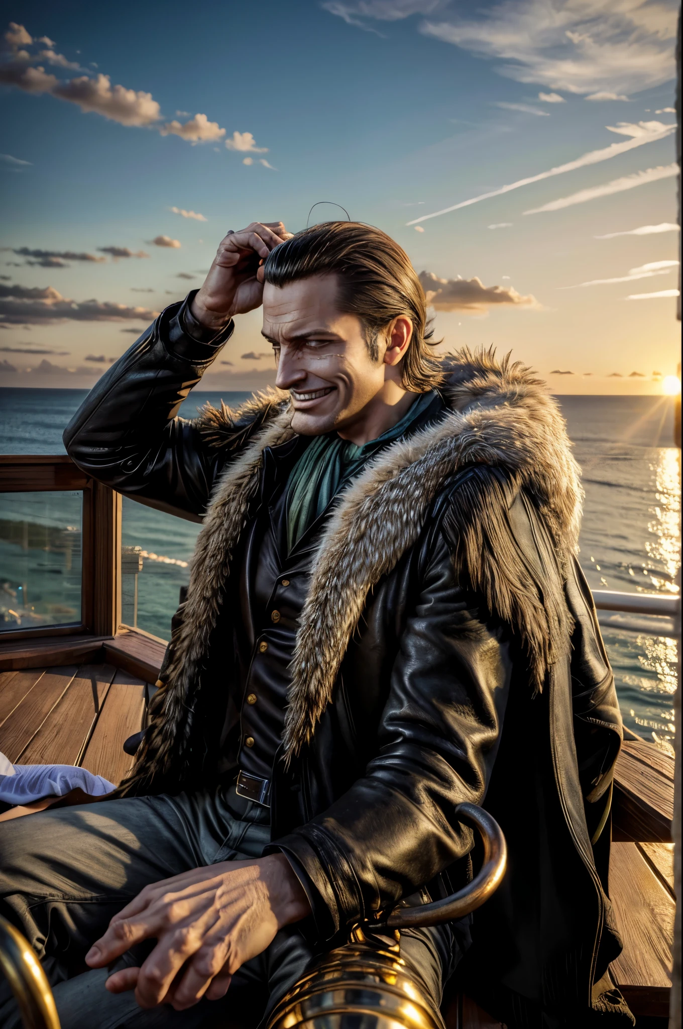 masterpiece, best quality, extremely detailed, hyperrealistic, photorealistic, a cool 40s man, ultra detailed face:1.2, fur-trimmed coat, scarf around the neck, his left hand is a golden pirate hook:1.1, cigar, wide shot, from above, in the sunset, cafe, terrace, sea, beachside, resort, sitting, laughing, dynamic angle