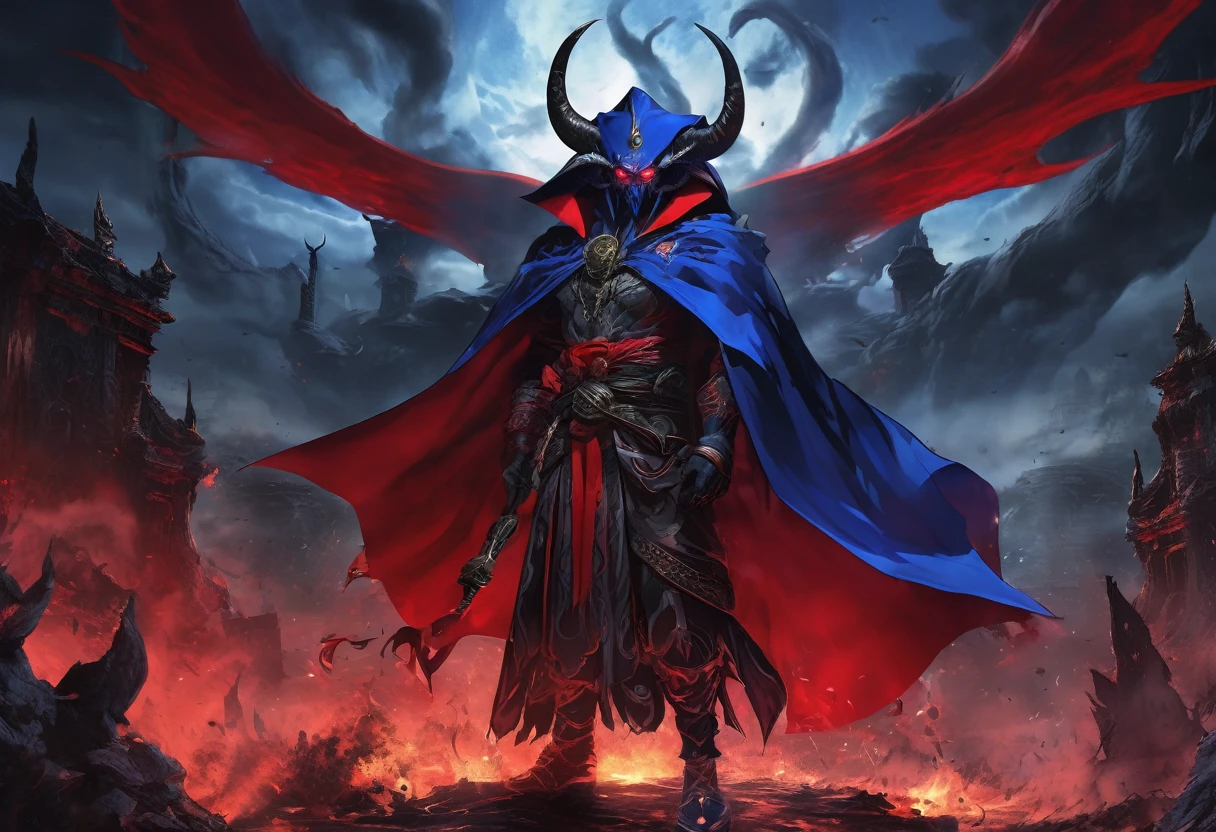 Against the backdrop of smoldering ruins, demon king、Blue skin、eyeball on forehead、Two horns sticking out from his forehead、Wearing a red cloak、As the dark entity exerts its other-dimensional power on Earth, Clash of 2.5D realism and captivating anime style