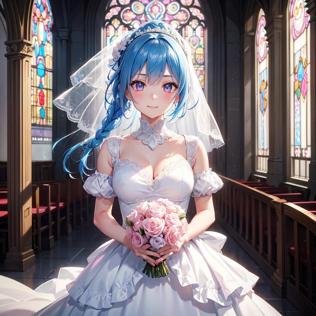 Sky blue hair, (Braided Ponytail),(Pink Eyes),Fair skin ,(whole body),(One Girl),bride,Big smile,Straight bangs, 6月のbride,Wedding dress,(masterpiece, Highest quality, Very detailed, Best Shadow), (Detailed Background), (Beautifully detailed face), High Contrast, (Best lighting, Very delicate and beautiful), ((Cinematic Light)), colorful, Hyper Detail 8k, Dramatic Light, Intricate details,Pure white sparkling background,A bouquet of roses in the right hand,Ring on left ring finger,church、cathedral、Stained glass、Sacred Light、