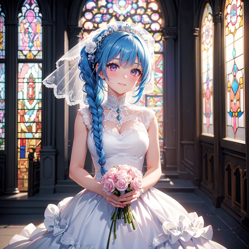 Sky blue hair, (Braided Ponytail),(Pink Eyes),Fair skin ,(whole body),(One Girl),bride,Big smile,Straight bangs, 6月のbride,Wedding dress,(masterpiece, Highest quality, Very detailed, Best Shadow), (Detailed Background), (Beautifully detailed face), High Contrast, (Best lighting, Very delicate and beautiful), ((Cinematic Light)), colorful, Hyper Detail 8k, Dramatic Light, Intricate details,Pure white sparkling background,A bouquet of roses in the right hand,Ring on left ring finger,church、cathedral、Stained glass、Sacred Light、
