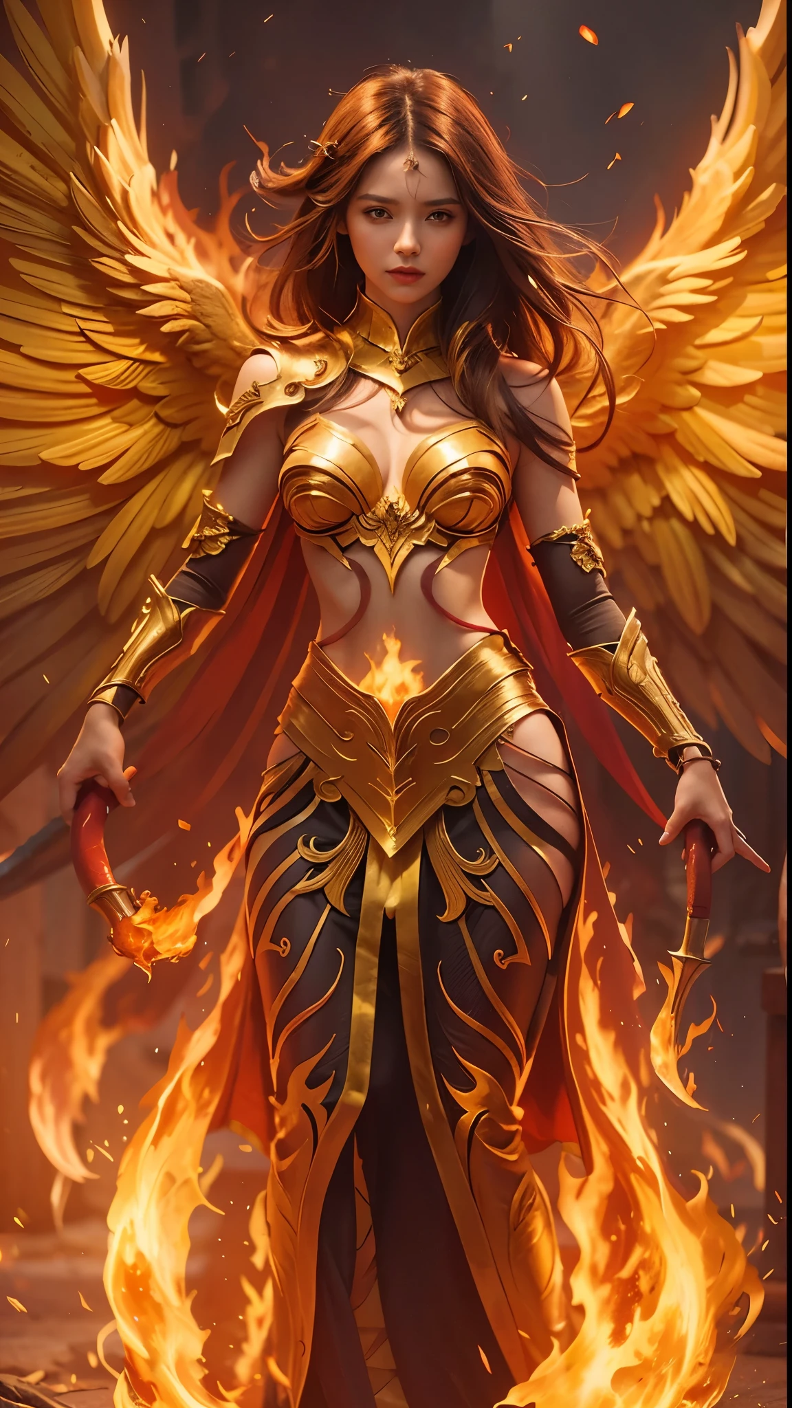 A woman who is,There is fire and flame on the body, with fiery golden wings of flame, with fiery golden wings, Epic fantasy art style, concept-art | Art germ, phoenix warrior, Epic fantasy digital art style, female lord of change, Elementalist, epic exquisite character art