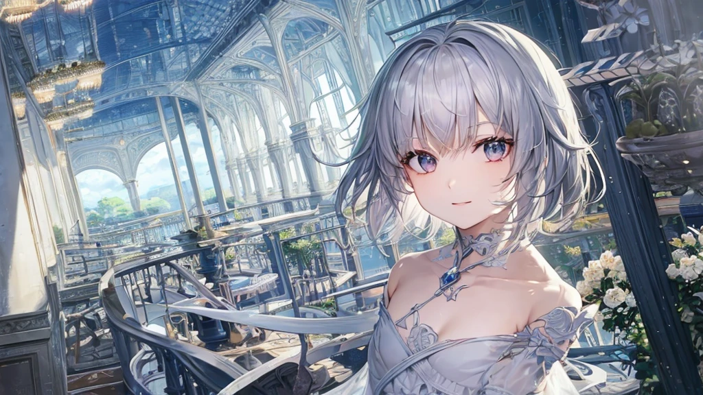 Ultra HD,Look at the viewers, Put your hands behind your back, With a girl, 20-year-old, 非常にShort Hair, Long bangs between the eyes, Pale blue eyes, Very detailed,(masterpiece、Highest quality),Gray Hair、Laughter、Fantastic, Silver Hair, Iris, Short hair、 Fluttering Hair、Small Face、明るいsmile、(Detailed face) ,Professional Lighting,Wonderful landscape,blue sky, sunlight,Looking down from above,Portraiture、Open your mouth、Flower Field、Her eyes were shining、Mysterious and enchanting atmosphere。With AI Painting、とてもShort Hair, Long bangs between the eyes, Very detailed,(masterpiece、Highest quality)、alone、Gray Hair、Fantasy, Silver Hair, Fantasyな風景、smile、Open your mouth、short hair、Short Hair、hairpin、black eye、Grey Eyes、Beautiful Eyes、Black Shirt、White hoodie