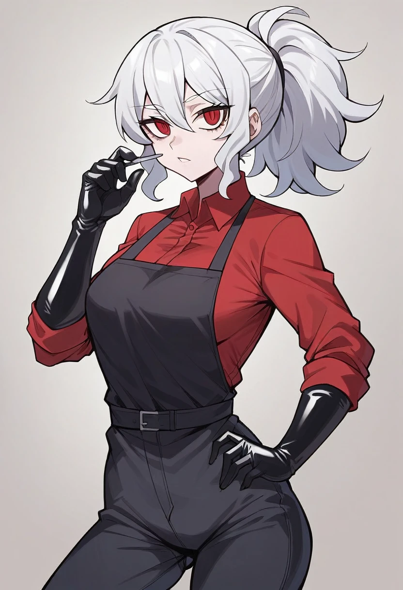 1girl, pandemonica \(helltaker\), ((blue elbow gloves)), ((surgical gloves)), ((latex gloves)), (red shirt), ((long sleeves)), (black apron), (pants), looking at viewer, standing, solo