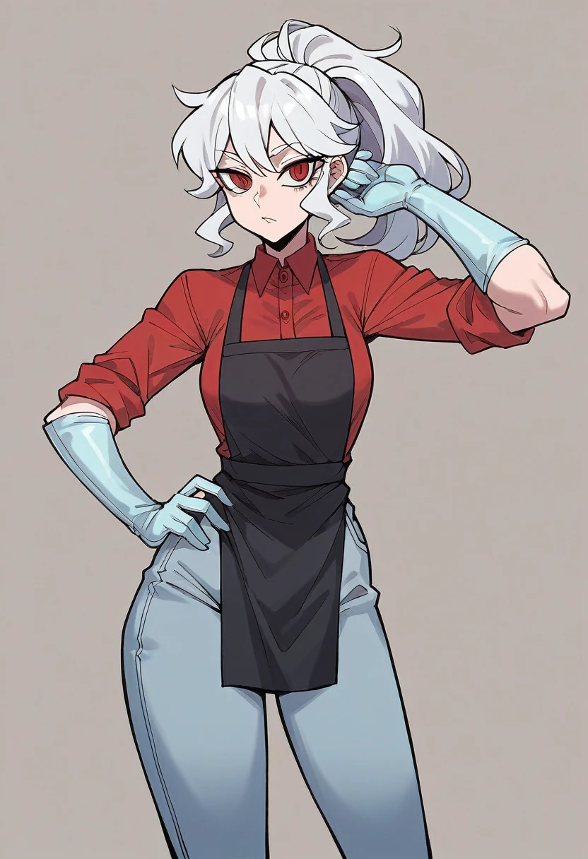 1girl, pandemonica \(helltaker\), ((blue elbow gloves)), ((surgical gloves)), ((latex gloves)), (red shirt), ((long sleeves)), (black apron), (pants), looking at viewer, standing, solo
