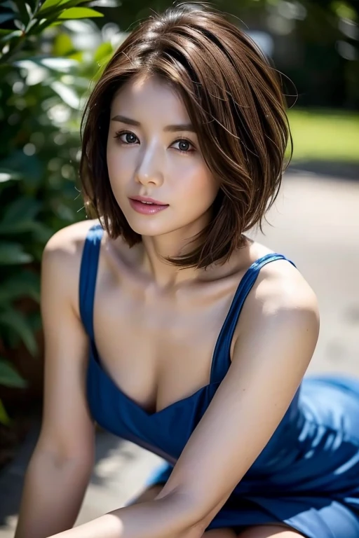 Highest quality, Realistic, Perfect Human Anatomy, Very detailed, Very delicate and beautiful, RAW Photos, Professional Lighting, illumination, Written boundary depth, Single Focus, whole body, Skinny Japanese woman, 45-year-old woman, Brown Hair, Small Head, Beautiful Eyes, True Face, Realistic skin, fine grain, (Fashionable short hairstyles: 1.3),Bust Emphasis、Sexy blue dress、(Outdoor:1.5),China dress、Deep slit、Beautiful legs、High heels