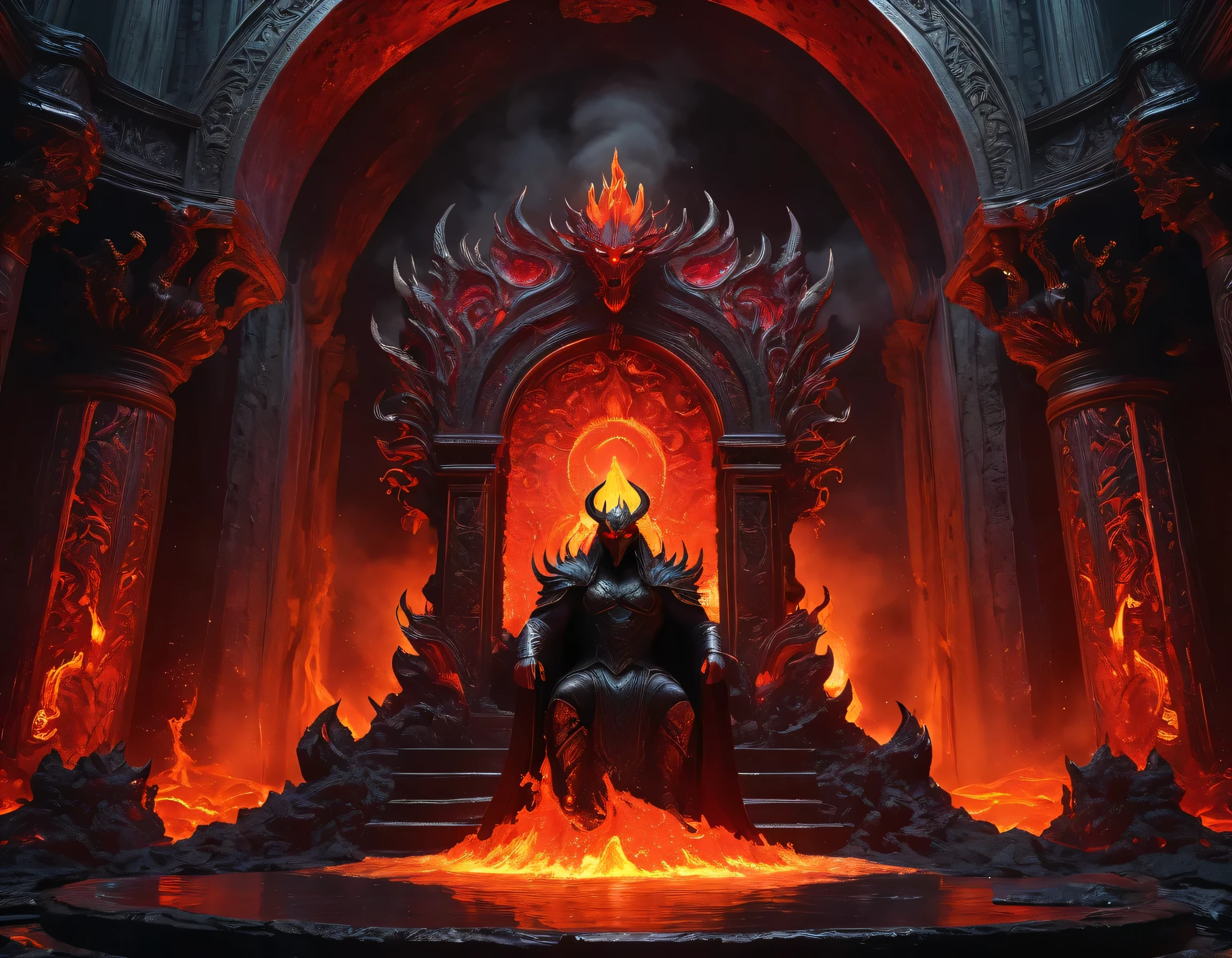 (Highest quality,4K,High resolution,masterpiece:1.2),Very detailed,Realistic:1.37,Moderate:(figure,oil,3D Rendering,photograph), (Underworld palace with lava waterfall in the background), Demon King on the throne, fiery red aura, Menacing look, A dark and menacing figure, Large horn protruding from forehead, An intricately designed golden throne, Intricate carvings on the walls, An eerie glow from the lava, Rising Smoke, Flickering flames, Terrifying Shadows, an intimidating atmosphere, Magnificent and majestic architecture, Lavish decoration, Ominous atmosphere, A dark color palette with fiery red accents, Dramatic lighting, Extreme heat, Swirling lava, A flow of lava cascading down a waterfall, Smoke surrounds.