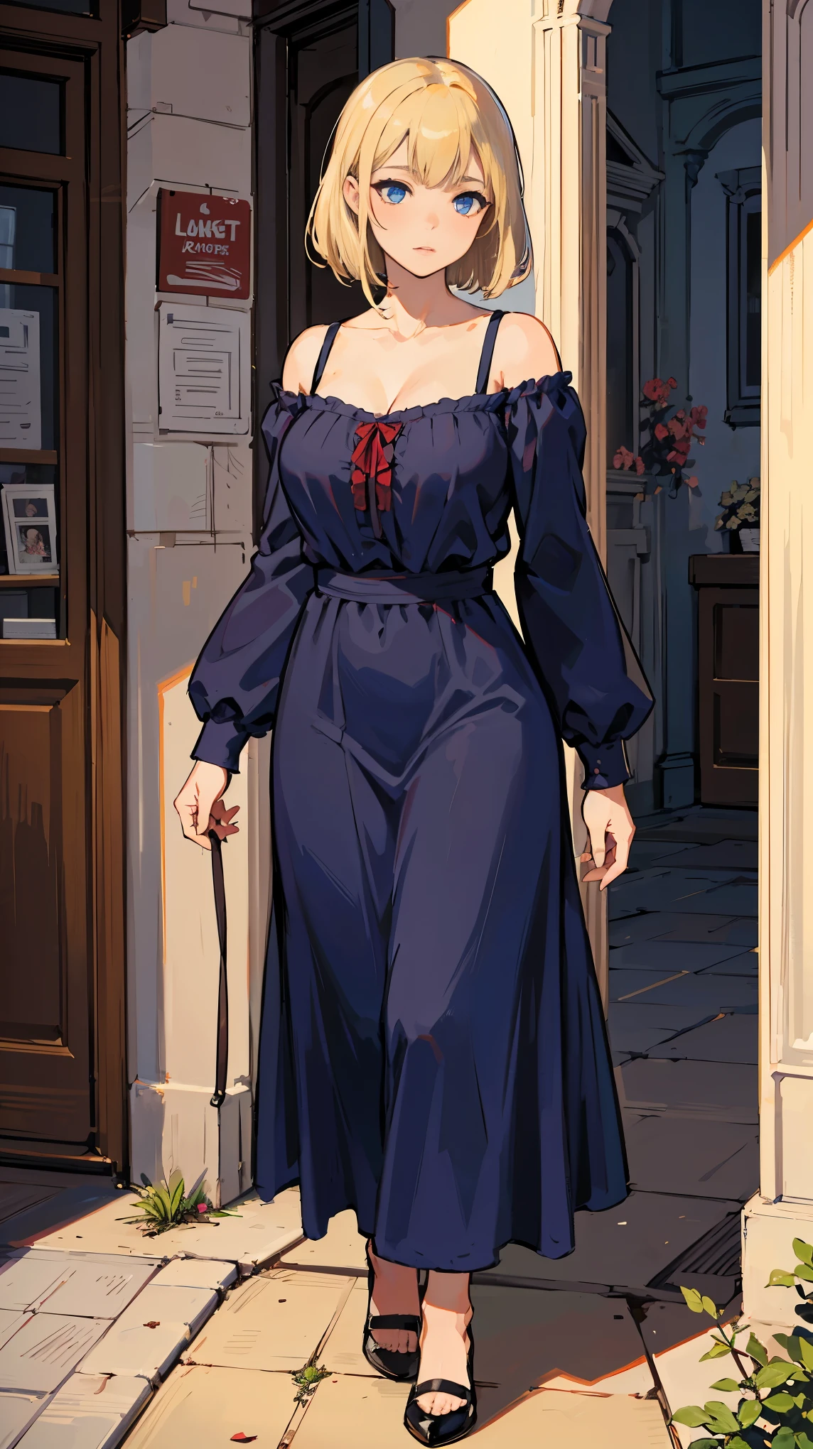 Highest quality, masterpiece, Realistic photos, Intricate details, RAW Photos, Super detailed, old fashioned young woman, Wearing a peasant dress, No neckline, Blonde, Perfect details and blue eyes, Walking around the old town, HD quality, 8k, young woman, 20-year-old