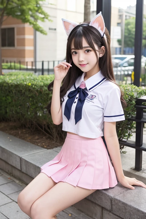Cute Girls､high school girl､Idol､uniform､mini skirt､See-through､Pink cat ears､sit