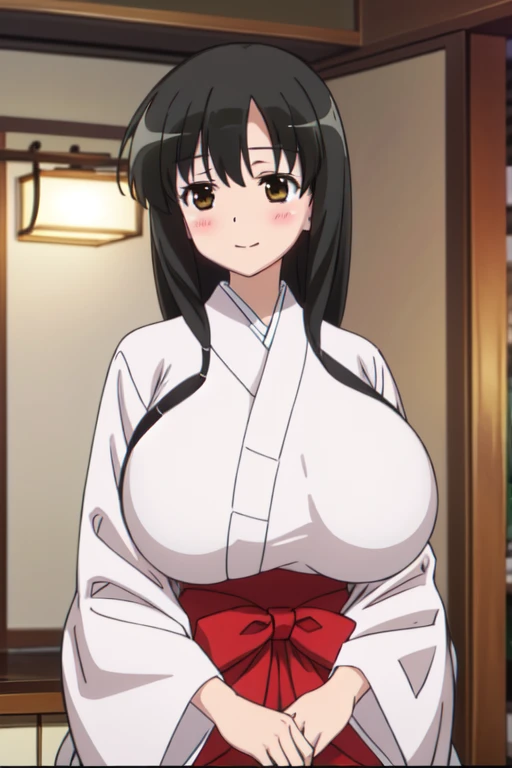 anime screencap, masterpiece, best quality, high resolution, 2D, anime cels, best quality, high resolution, 1girl, kasumi iwato, japanese clothes, japan architecture, (huge breasts:1.4), blush, embarrassed, smile, looking away