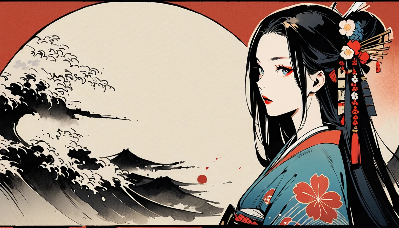(((Japan刀))), (((Ink Painting))), (((1 girl))), (((Flashy makeup))), (((Japan人女性))), (((warrior))), Black Hair, Delicate and precise, Modern ukiyo-e style,Japan, Japanese flag