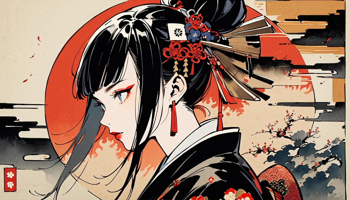 (((Japan刀))), (((Ink Painting))), (((1 girl))), (((Flashy makeup))), (((Japan人女性))), (((warrior))), Black Hair, Delicate and precise, Modern ukiyo-e style,Japan, Japanese flag