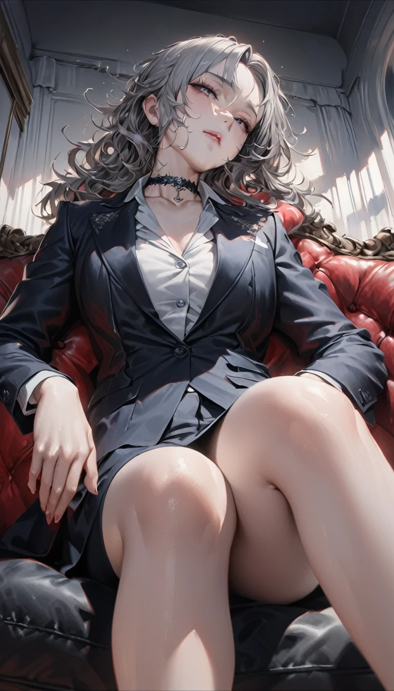 from below, beautiful woman, cool and sadistic, amorous and lewd face, looking down with a cold gaze, make-up, beautiful messy hair, great proportion, wearing suits, choker, sitting proudly on the sofa, (ultra detailed, absolutely resolution, best quality:1.3), 2.5D, delicate and dynamic, shading effects, hyper realistic, artistic photography, graphic CG digital art