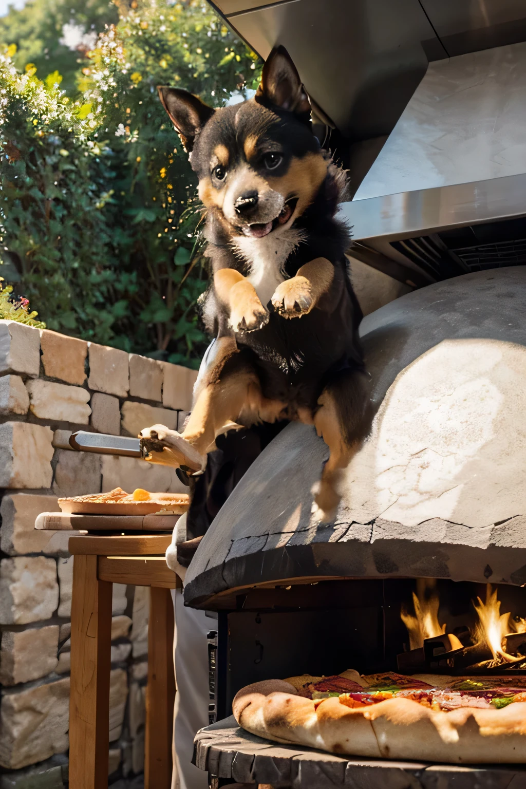 In front of the pizza stone oven
