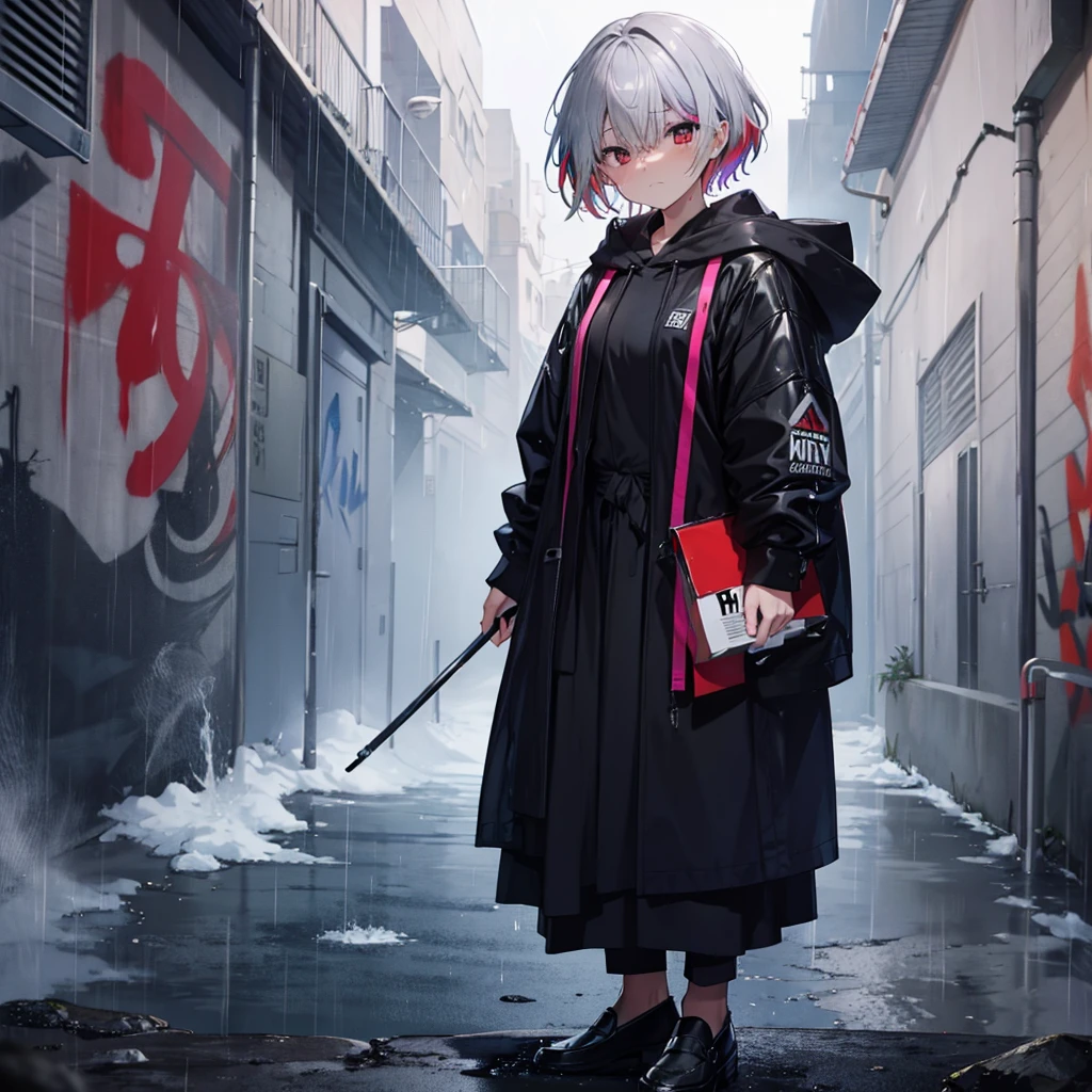 (((1 person Gray Hair、short hair Close ~ eyes Black and red outfit、hoodie))) (((High resolution Getting wet in the rain Black long skirt loafers))) (((Sad face、Close-up Crying and smoking a cigarette))) (((((Stand leaning against a wall Colorful spray graffiti))))) ((in the rain、It rains Blowing in the Wind)) (Shining Background Shining Edges)