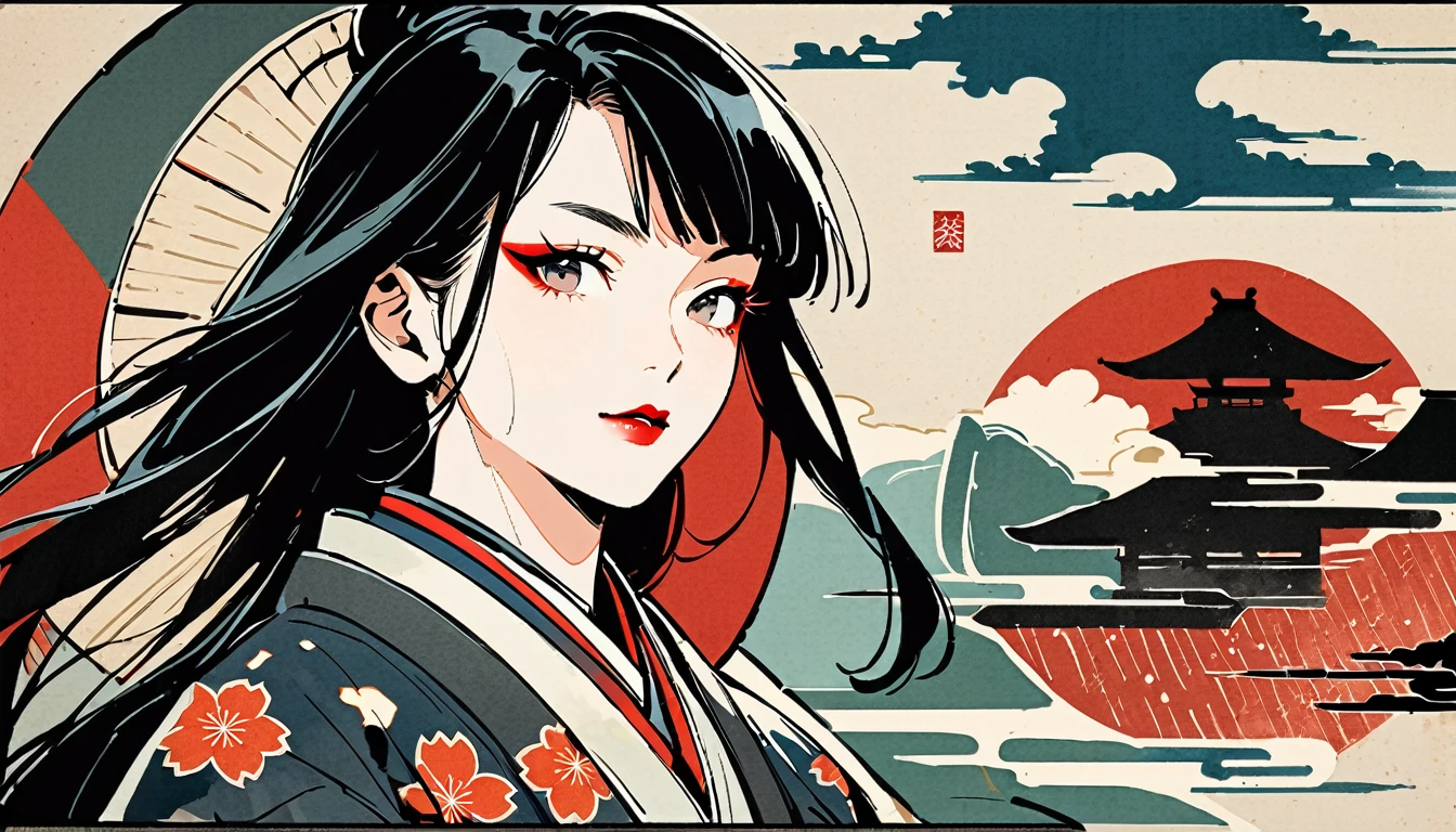(((Japan刀))), (((Ink Painting))), (((1 girl))), (((Flashy makeup))), (((Japan人女性))), (((warrior))), Black Hair, Delicate and precise, Modern ukiyo-e style,Japan, Japanese flag