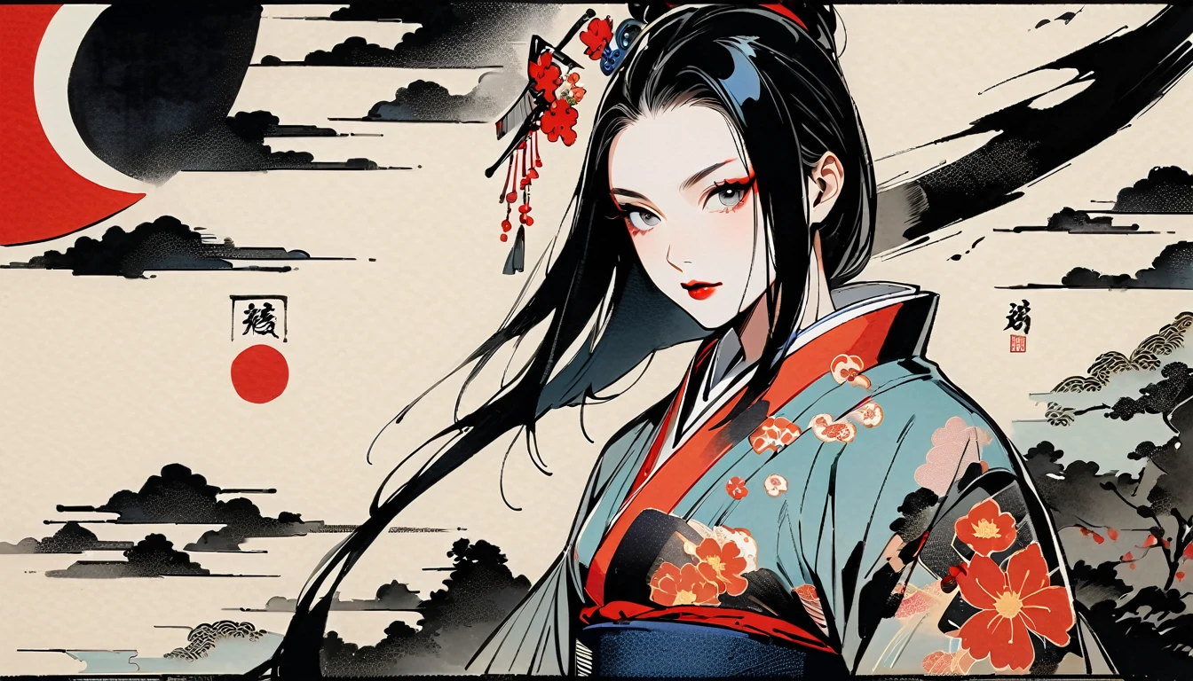 (((Japan刀))), (((Ink Painting))), (((1 girl))), (((Flashy makeup))), (((Japan人女性))), (((warrior))), Black Hair, Delicate and precise, Modern ukiyo-e style,Japan, Japanese flag
