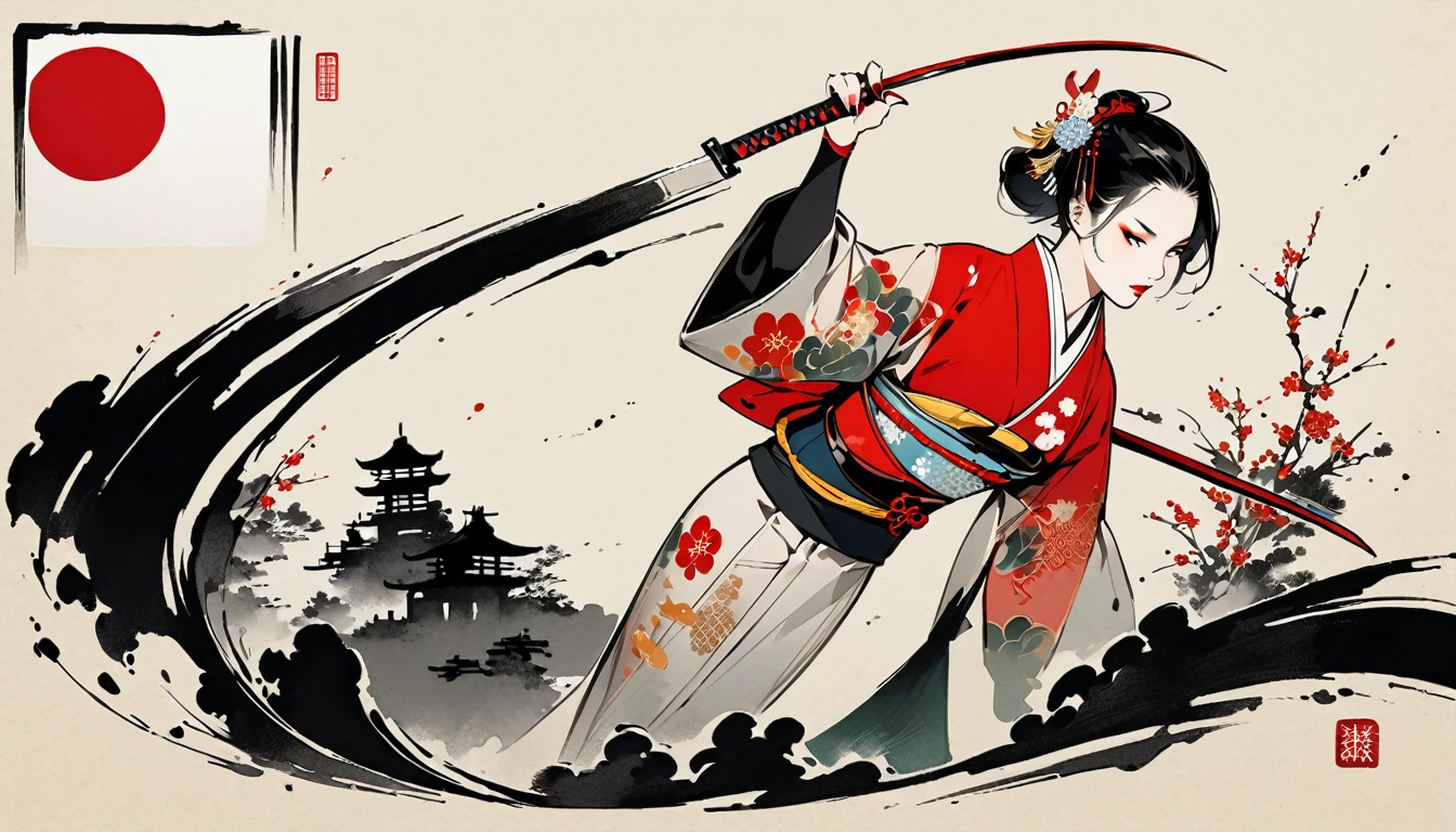 (((Japan刀))), (((Ink Painting))), (((1 girl))), (((Flashy makeup))), (((Japan人女性))), (((warrior))), Black Hair, Delicate and precise, Modern ukiyo-e style,Japan, Japanese flag