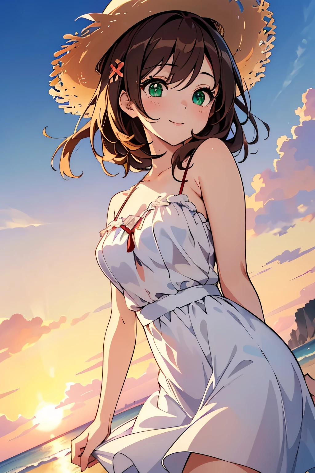 ((masterpiece, Highest quality, High resolution, 超High resolution, Pixel perfect, Written boundary depth, 4K, RTTX 10.0, High resolution))), 1 girl, single, alone, Beautiful Anime Girls, Beautiful art style, Anime characters, ((Shortcuts, bangs, Dark brown hair, Simple hairpin)), ((Green Eyes:1.4, Round eyes, Beautiful eyelashes, current eyes)), ((Smooth texture:0.75, Anime CG style)), Medium chest, ((Dynamic Angle, close)), Perfect body, (pretty girl), 1 girl, White Dress, Straw hat, Cute Smile, Sandy Beach, evening, sunset