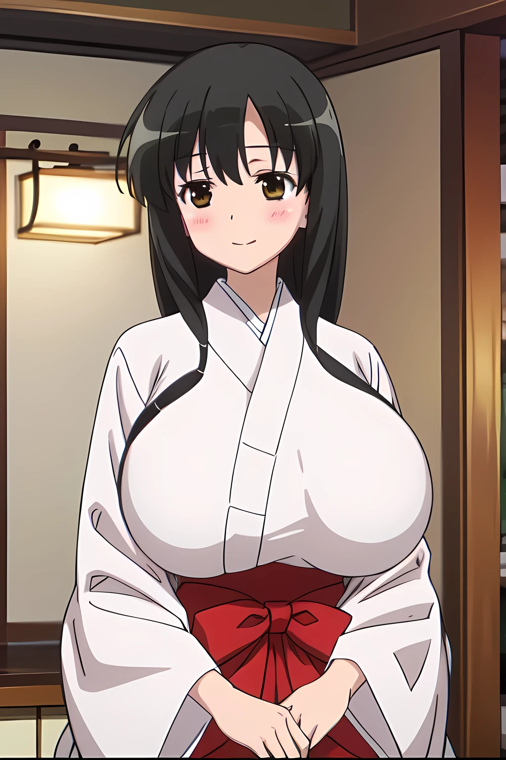 anime screencap, masterpiece, best quality, high resolution, 2D, anime cels, best quality, high resolution, 1girl, kasumi iwato, japanese clothes, japan architecture, (huge breasts:1.4), blush, embarrassed, smile, looking away