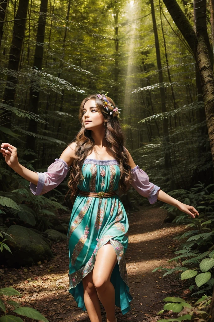 Create an image of a whimsical girl wandering through a vibrant, enchanted forest. She has long, flowing hair adorned with delicate flowers, and her bright, curious eyes sparkle with mischief. Clad in a flowing, colorful dress that blends harmoniously with the hues of the forest, she carries a small satchel filled with magical trinkets. Sunlight filters through the leaves above, casting a warm glow around her as she interacts with playful woodland creatures, embodying the spirit of adventure and wonder.