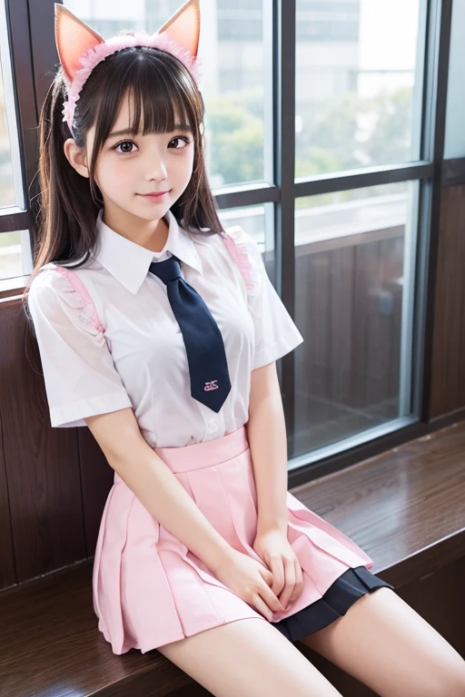 Cute Girls、high school girl、Idol、uniform、mini skirt、See-through、Pink cat ears、sit